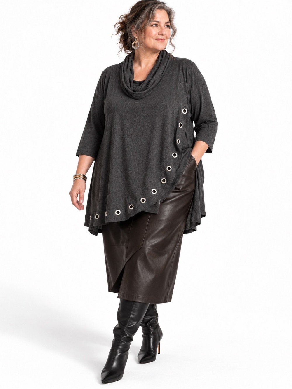 Belldini 3X Gray Cowl Neck Grommet Tunic Top Lagenlook Draped Artwear Soft Fall